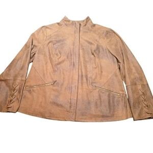 Women L Distressed Brown Faux Leather Moto Jacket Full Zip Lace Up Cuff Chicos 2